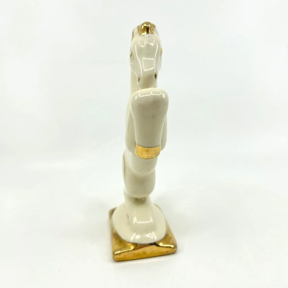 Vintage Mid Century Gold White Ceramic Rearing Horse Figurine